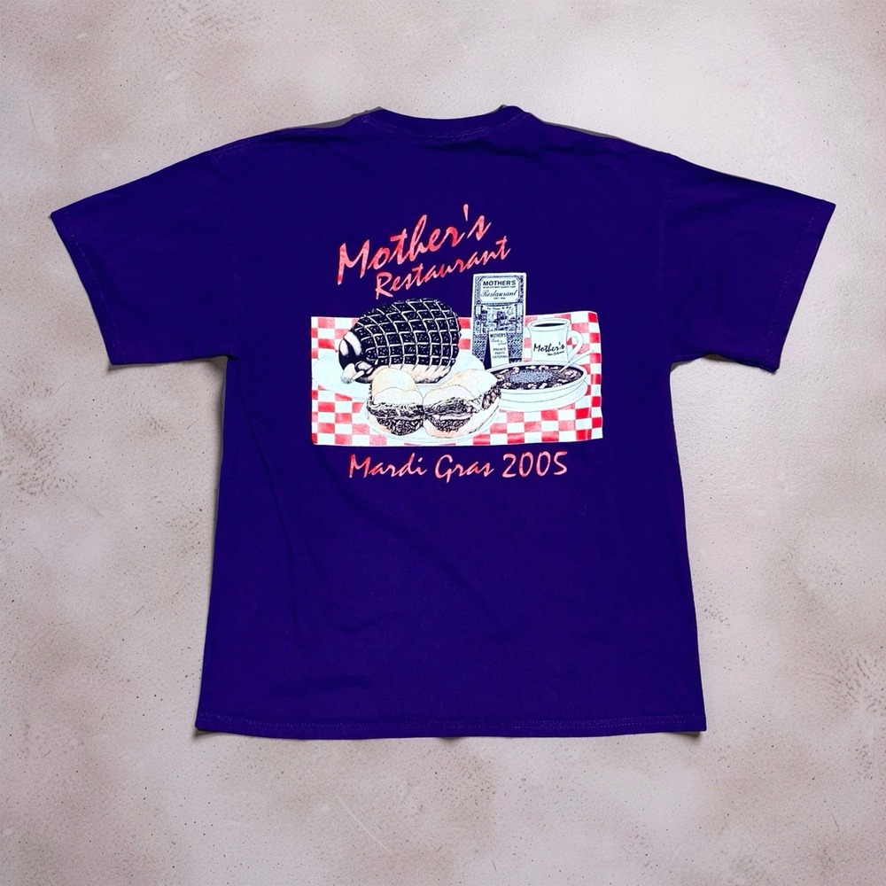 Vintage 2005 Mother's Restaurant Mardi Gras Tee Mens L Purple New Orleans